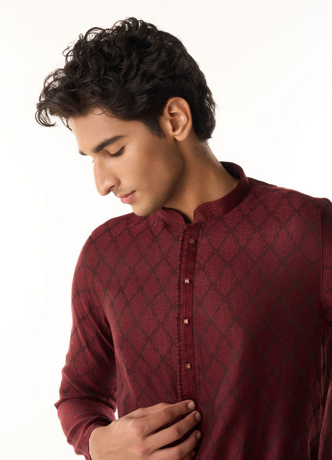 Manyavar Men Elegant Wine Kurta Pajama Set