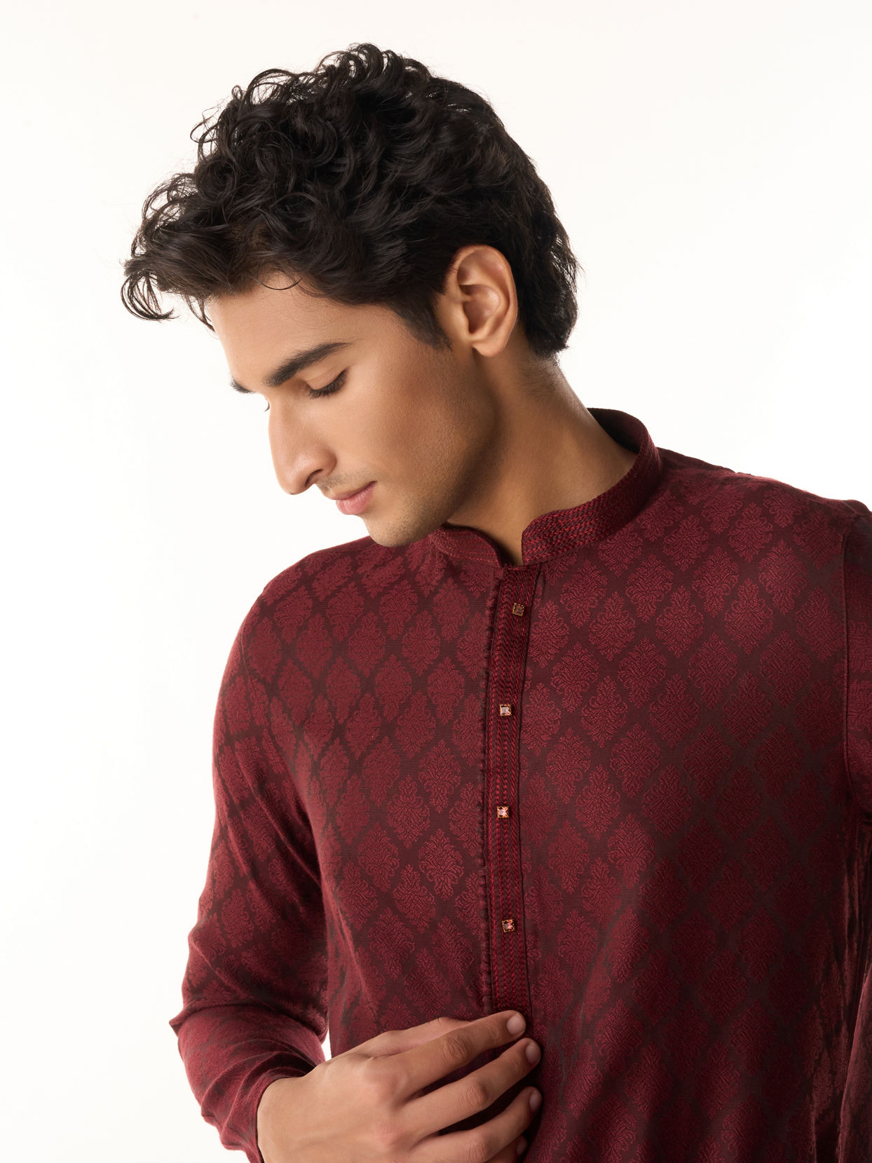 Manyavar Men Elegant Wine Kurta Pajama Set
