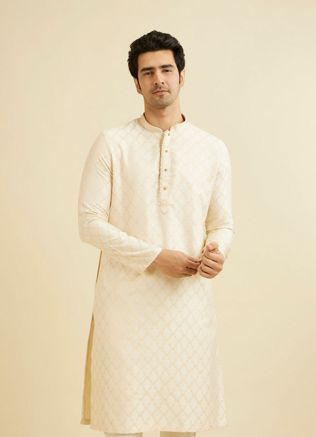 alt message - Manyavar Men Cream Beige Buta Jaal Patterned Kurta Set image number 0