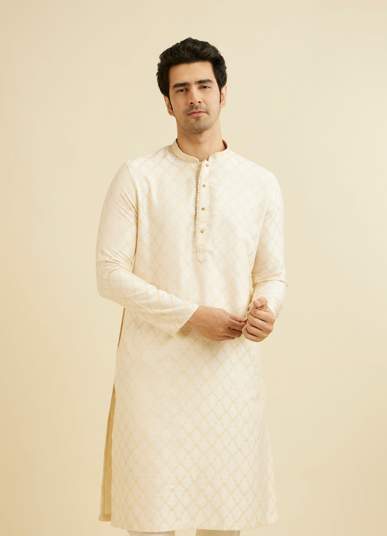 Manyavar Men Cream Beige Buta Jaal Patterned Kurta Set