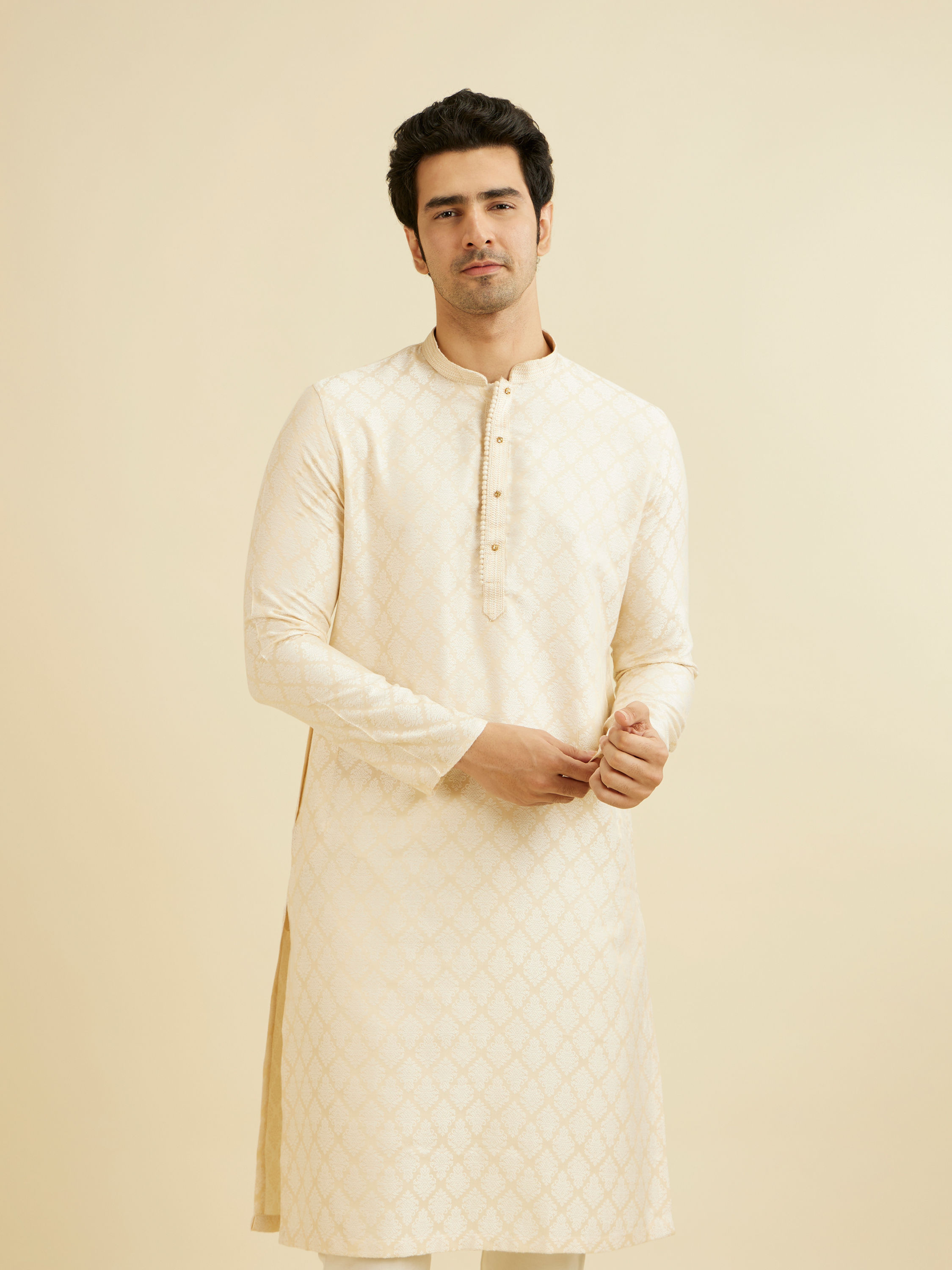 Manyavar Men Cream Beige Buta Jaal Patterned Kurta Set