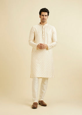 alt message - Manyavar Men Cream Beige Buta Jaal Patterned Kurta Set image number 2