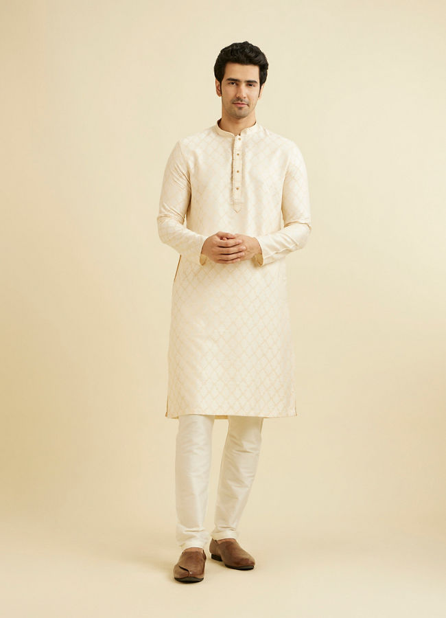 Manyavar Men Cream Beige Buta Jaal Patterned Kurta Set