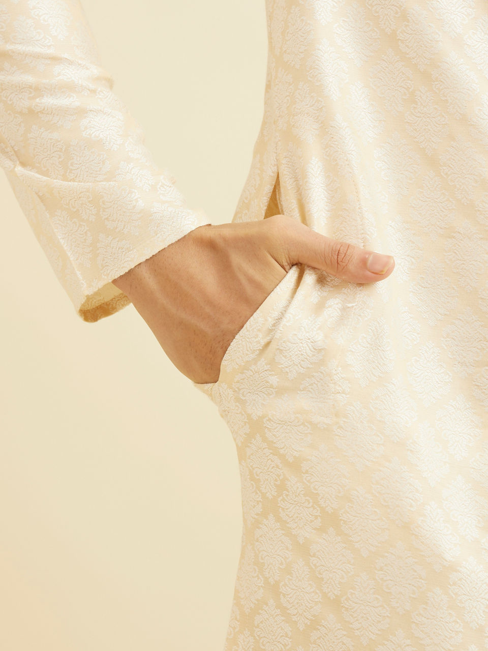 Manyavar Men Cream Beige Buta Jaal Patterned Kurta Set