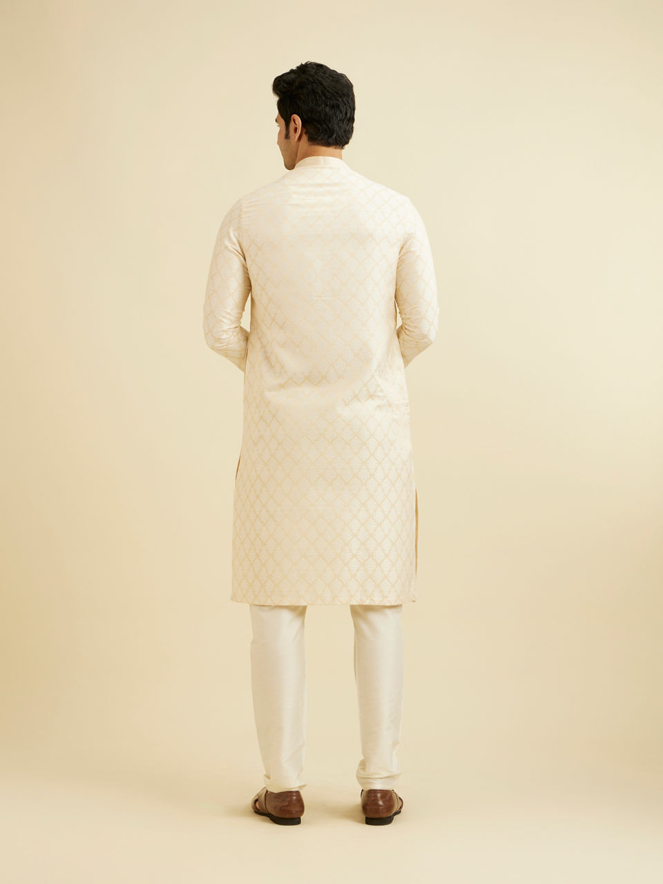 Manyavar Men Cream Beige Buta Jaal Patterned Kurta Set