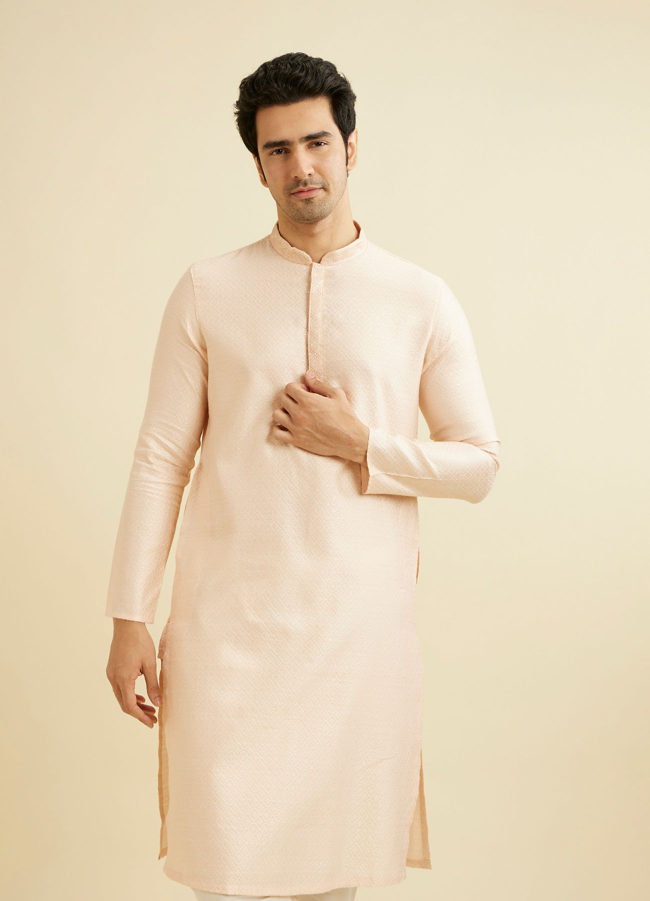 Manyavar Men Pale Peach Grid Patterned Kurta Set with Embellished Neckline