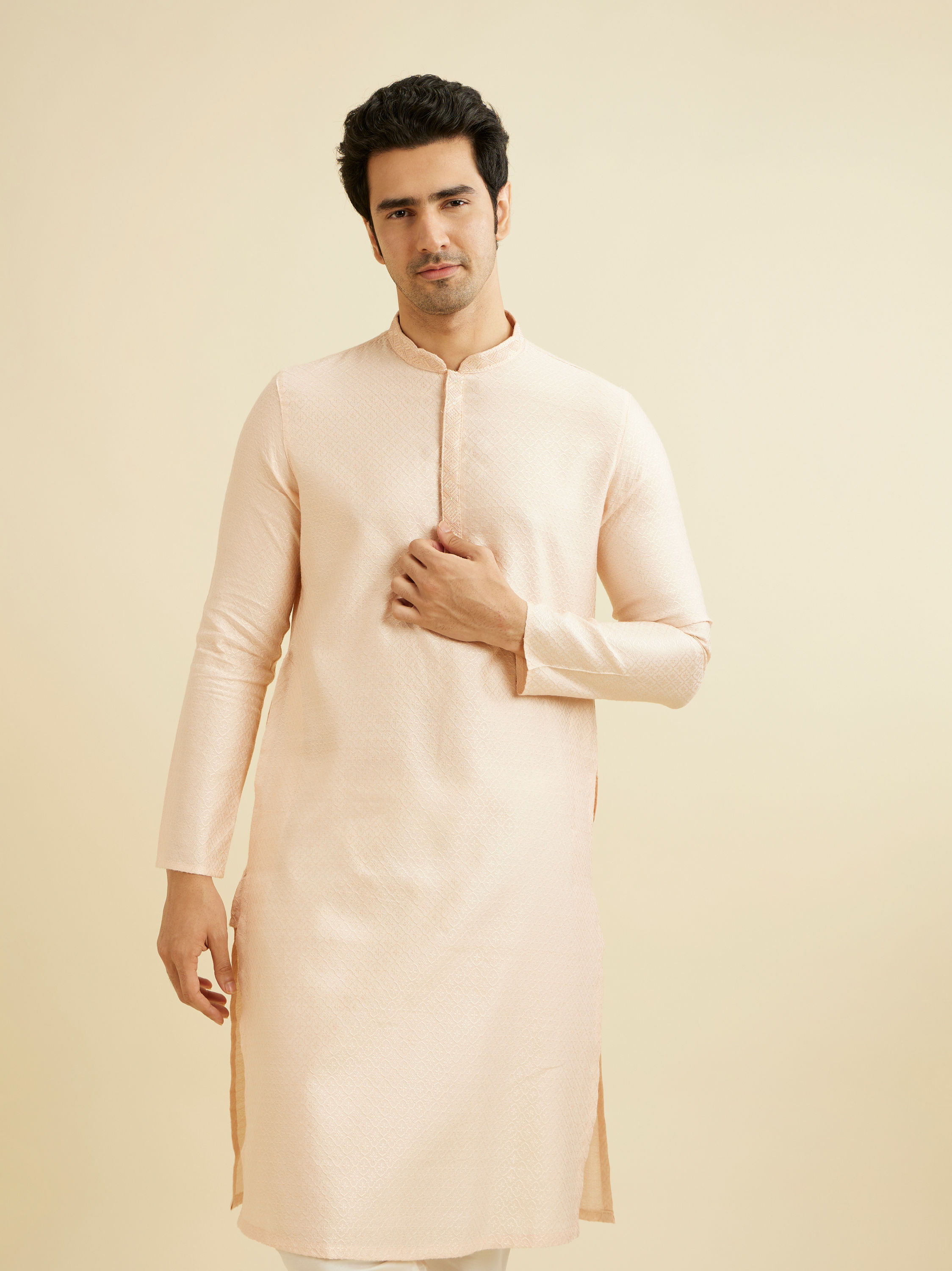 Manyavar Men Pale Peach Grid Patterned Kurta Set with Embellished Neckline