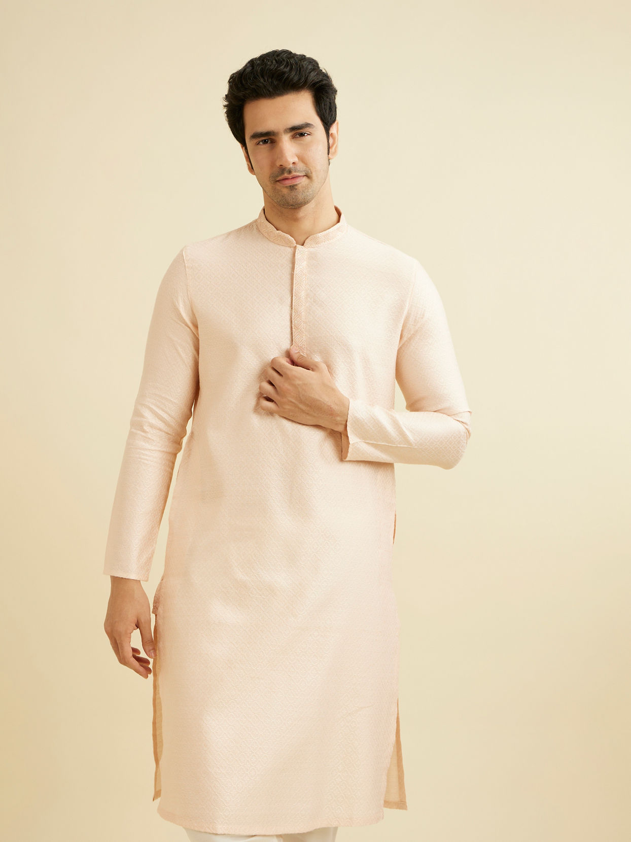 alt message - Manyavar Men Peach Enchantment Kurta Pajama image number 0