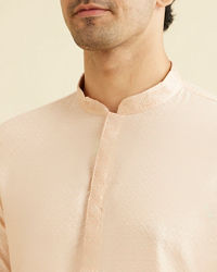 Manyavar Men Pale Peach Grid Patterned Kurta Set with Embellished Neckline