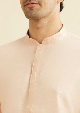 Manyavar Men Pale Peach Grid Patterned Kurta Set with Embellished Neckline