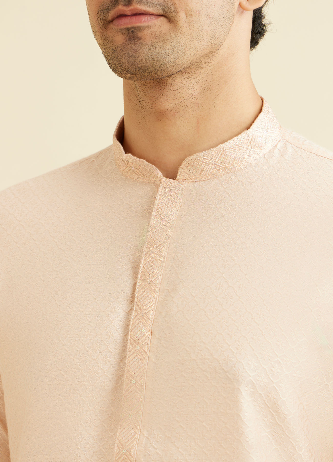 Manyavar Men Pale Peach Grid Patterned Kurta Set with Embellished Neckline