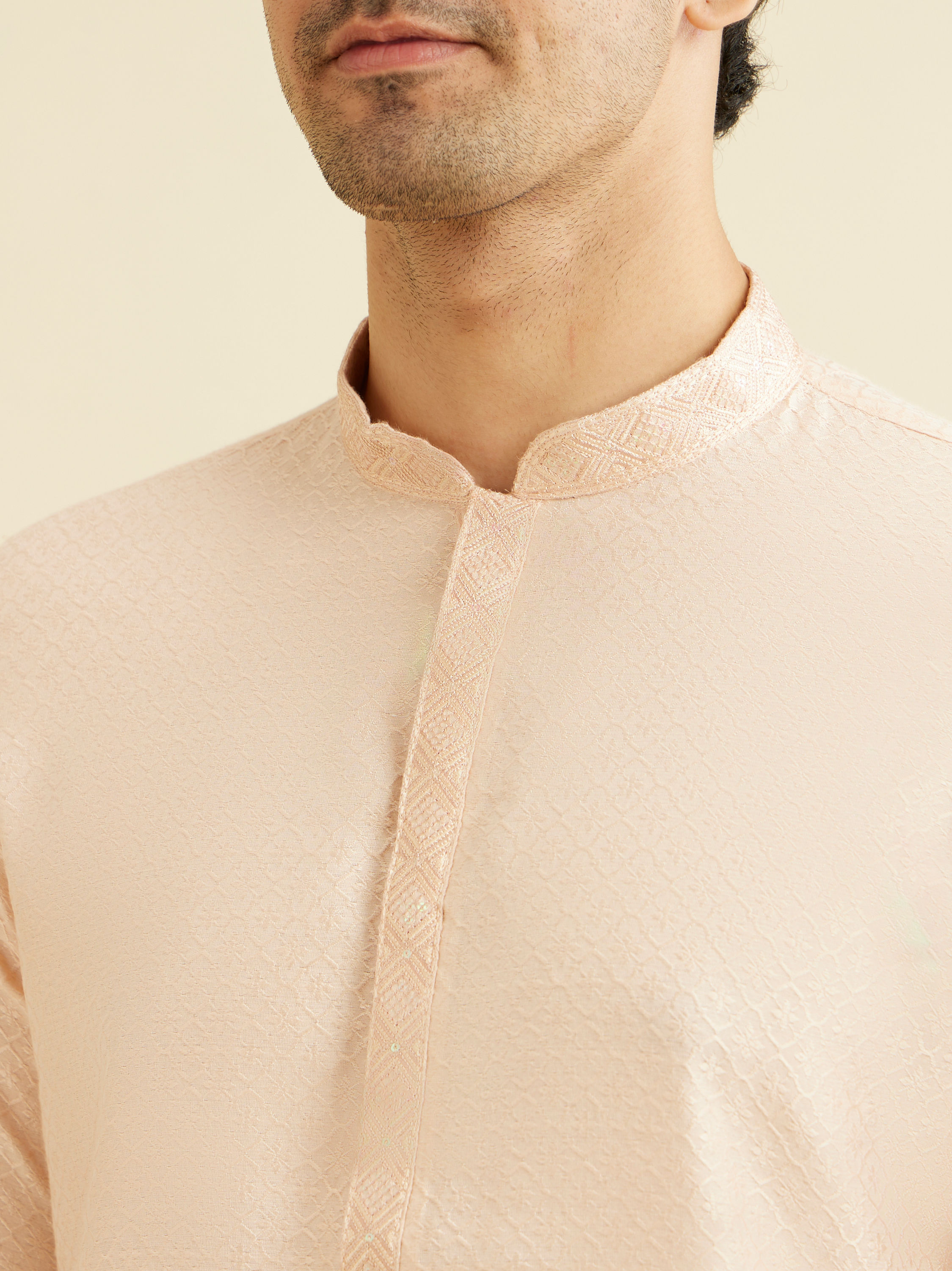 Manyavar Men Pale Peach Grid Patterned Kurta Set with Embellished Neckline