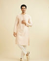Manyavar Men Pale Peach Grid Patterned Kurta Set with Embellished Neckline
