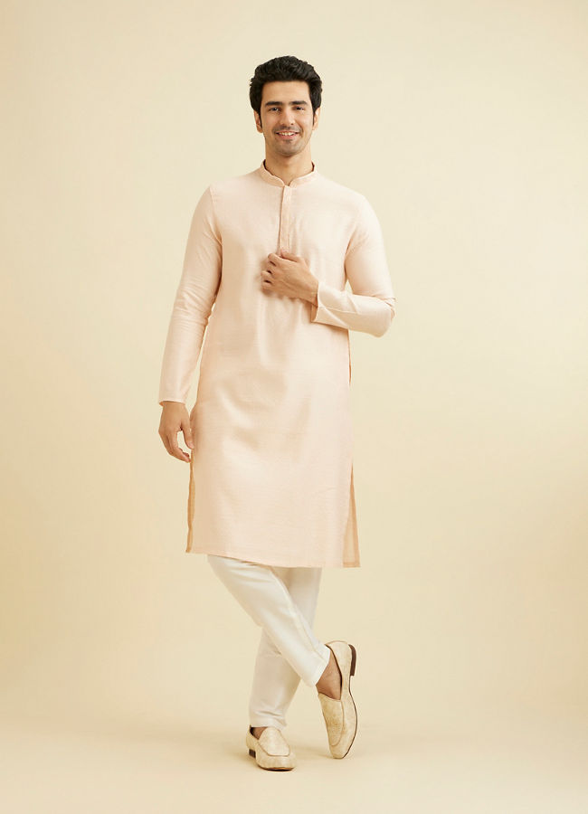 Manyavar Men Pale Peach Grid Patterned Kurta Set with Embellished Neckline