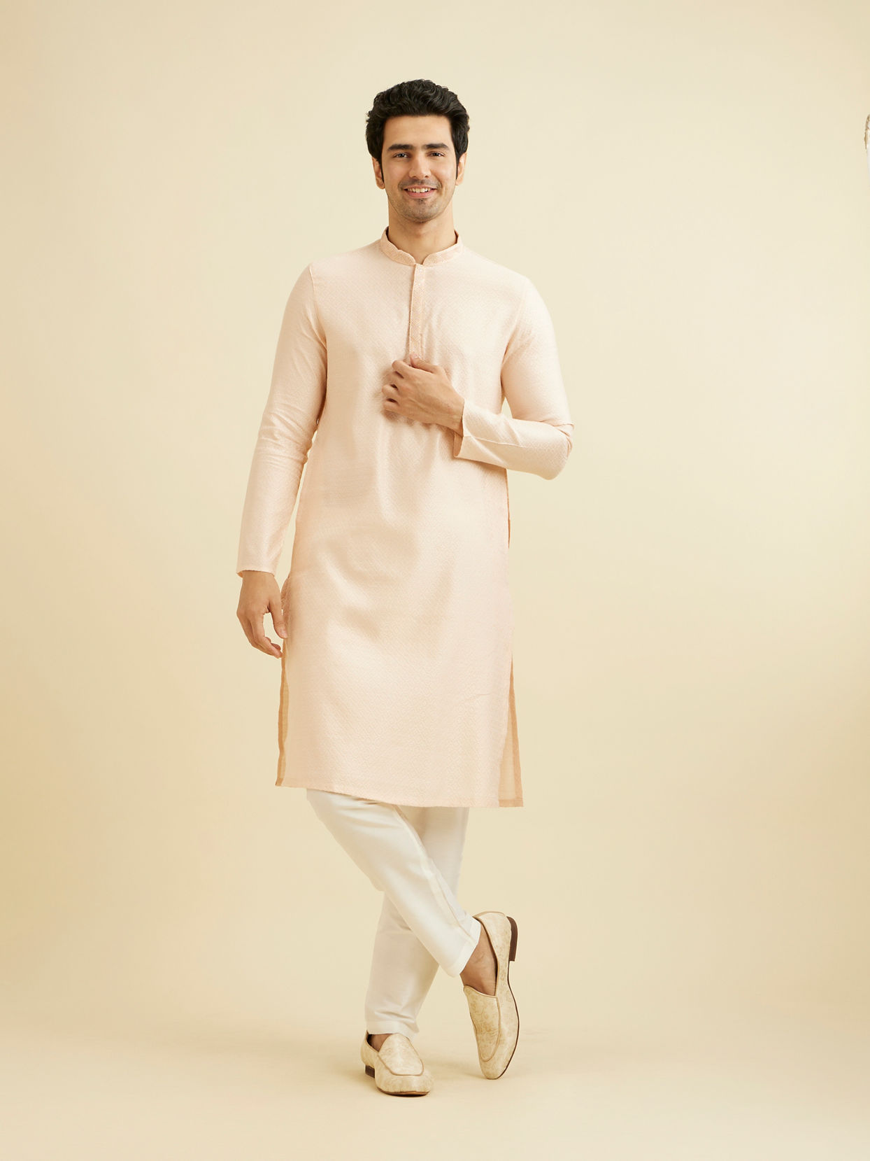 Manyavar Men Pale Peach Grid Patterned Kurta Set with Embellished Neckline