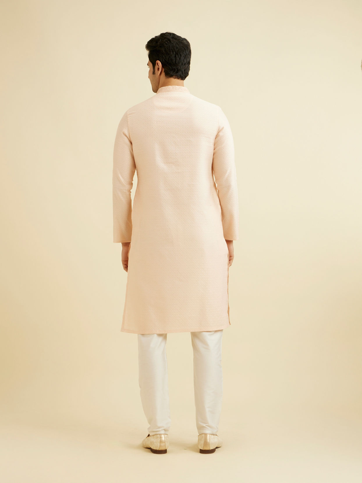 Manyavar Men Pale Peach Grid Patterned Kurta Set with Embellished Neckline