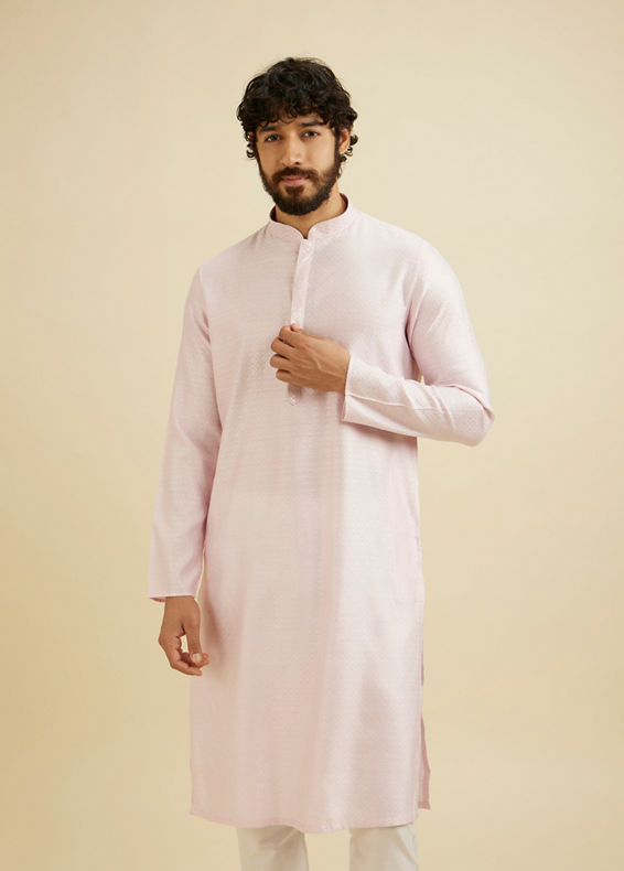 Manyavar Men Baby Pink Lattice Patterned Kurta Set with Sequinned Neckline