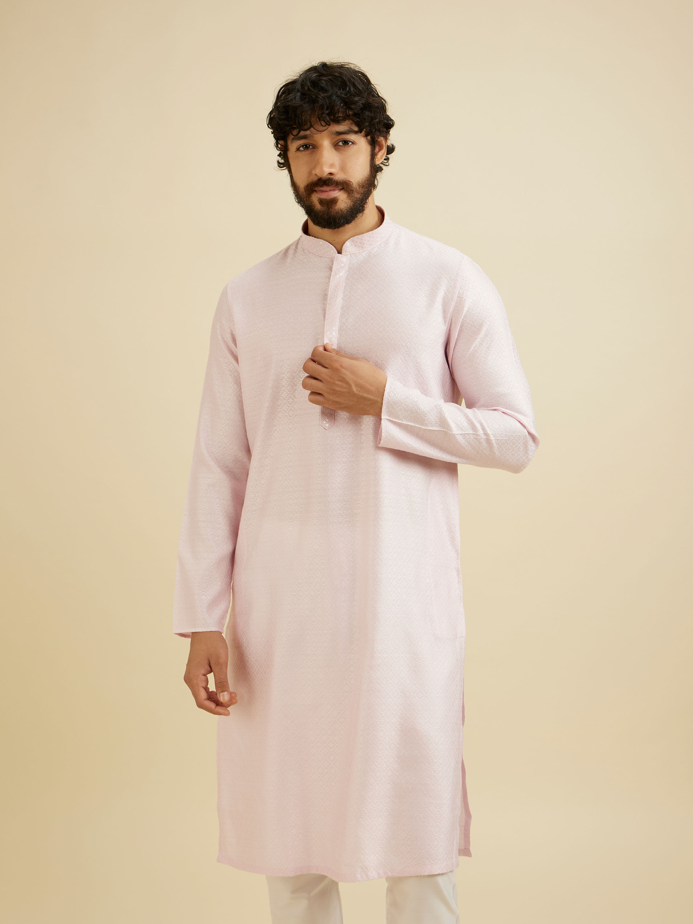 Manyavar Men Baby Pink Lattice Patterned Kurta Set with Sequinned Neckline