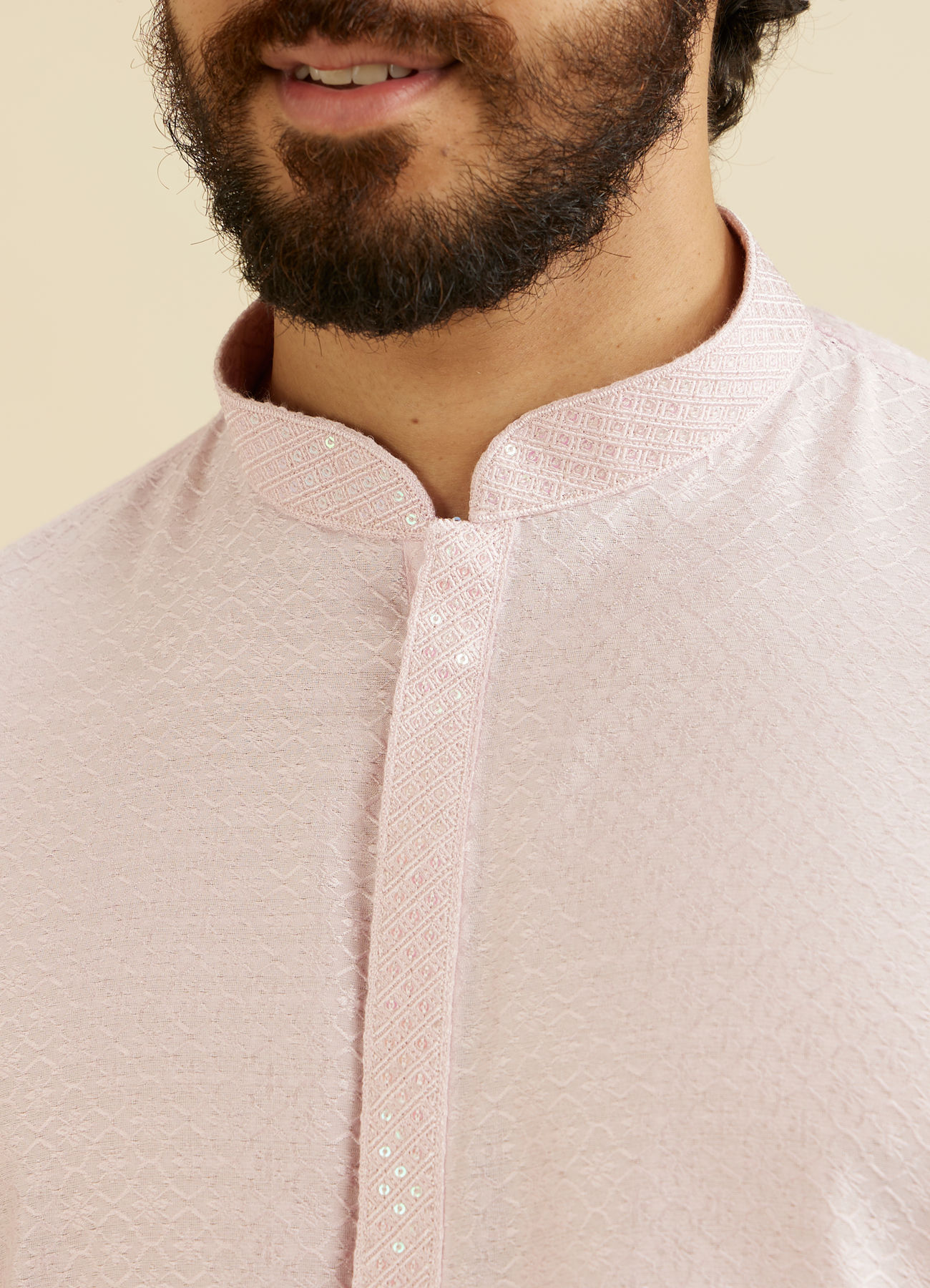Manyavar Men Baby Pink Lattice Patterned Kurta Set with Sequinned Neckline