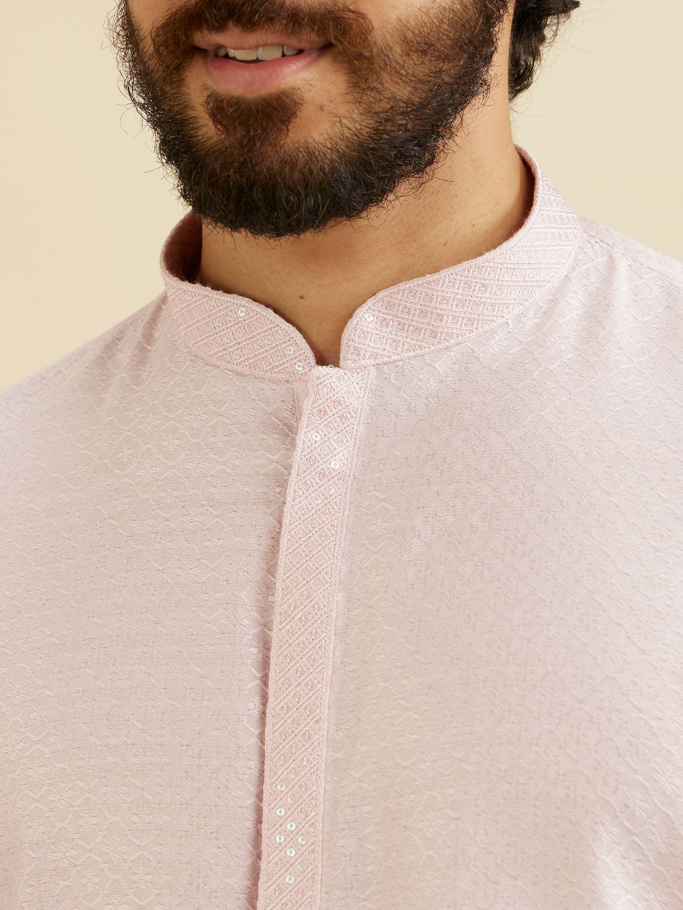 Manyavar Men Baby Pink Lattice Patterned Kurta Set with Sequinned Neckline
