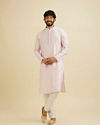 Manyavar Men Baby Pink Lattice Patterned Kurta Set with Sequinned Neckline