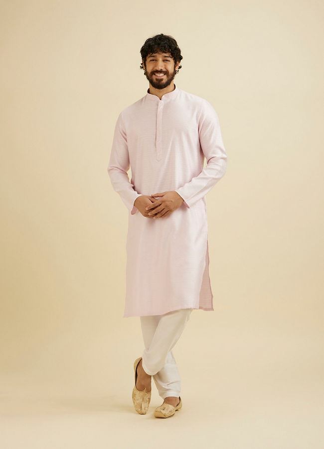 Manyavar Men Baby Pink Lattice Patterned Kurta Set with Sequinned Neckline