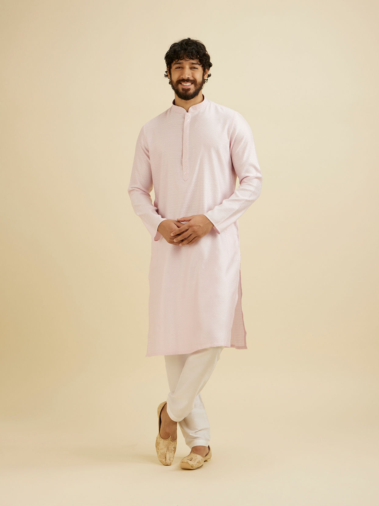 Manyavar Men Baby Pink Lattice Patterned Kurta Set with Sequinned Neckline