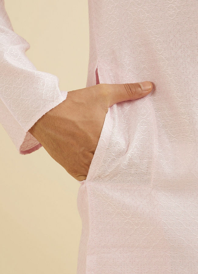 Manyavar Men Baby Pink Lattice Patterned Kurta Set with Sequinned Neckline