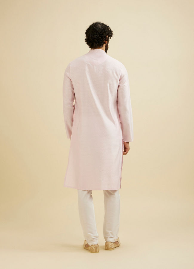 Manyavar Men Baby Pink Lattice Patterned Kurta Set with Sequinned Neckline