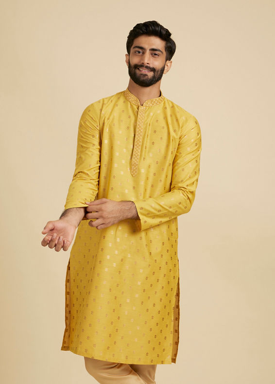 Manyavar Men Mustard Yellow Floral Buta Patterned Kurta Set