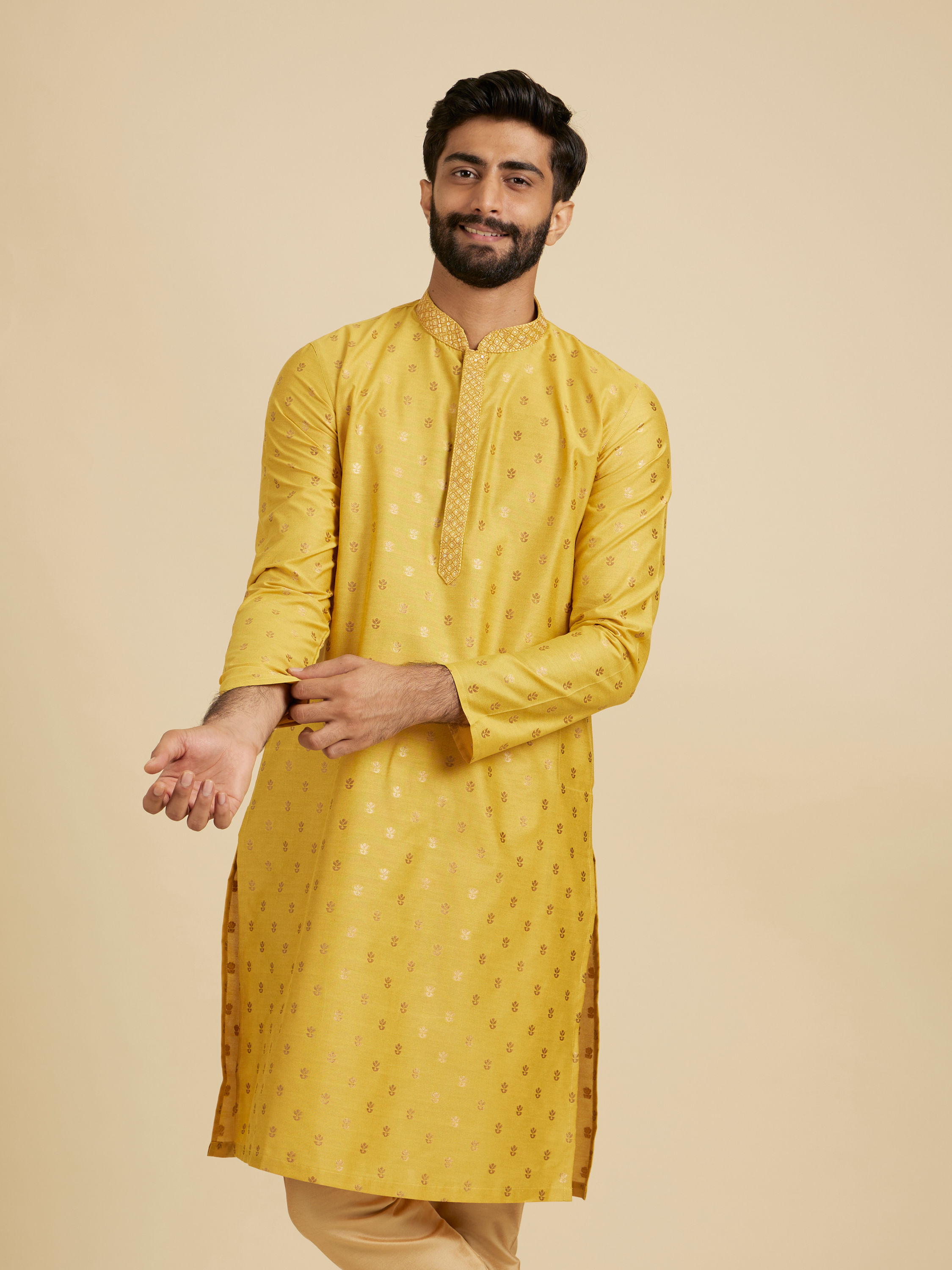 Manyavar Men Mustard Yellow Floral Buta Patterned Kurta Set