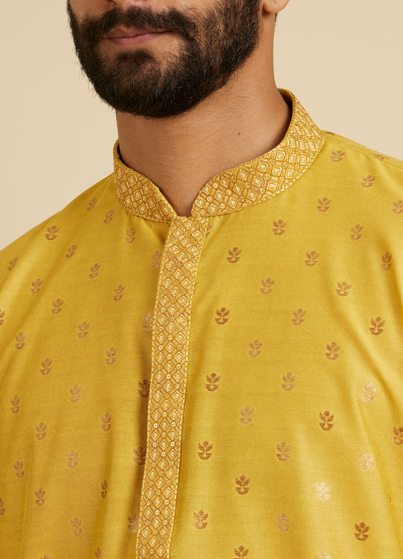 Manyavar Men Mustard Yellow Floral Buta Patterned Kurta Set