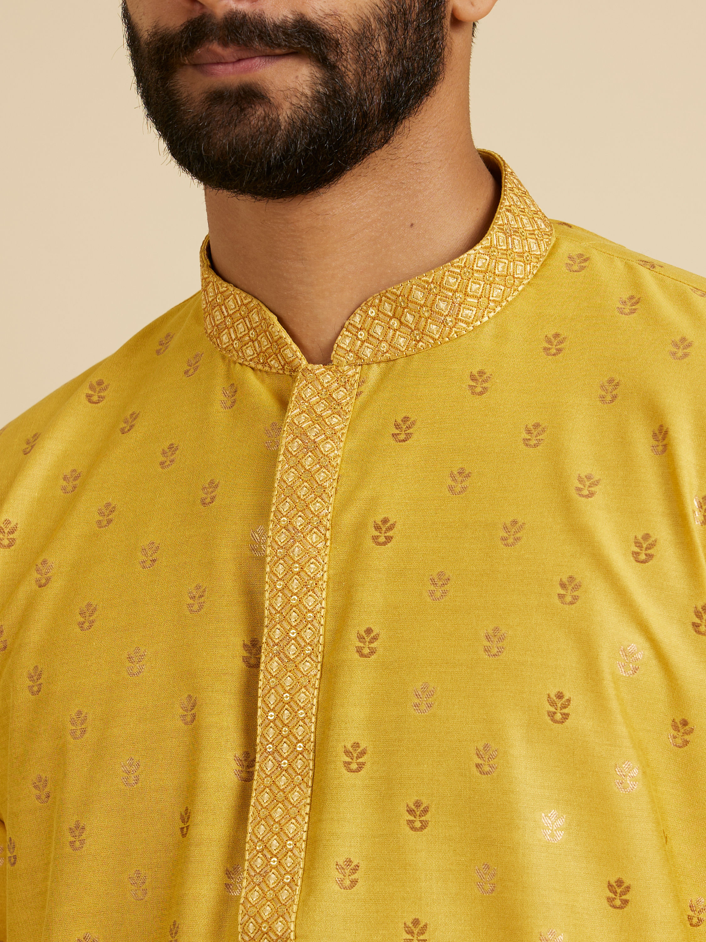 Manyavar Men Mustard Yellow Floral Buta Patterned Kurta Set