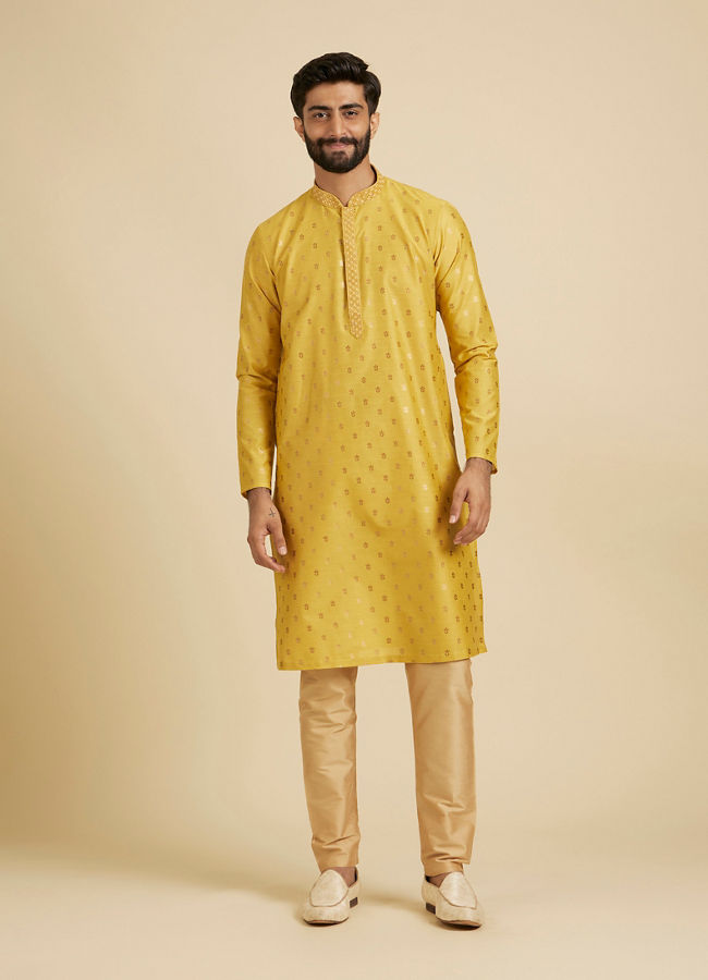 Manyavar Men Mustard Yellow Floral Buta Patterned Kurta Set