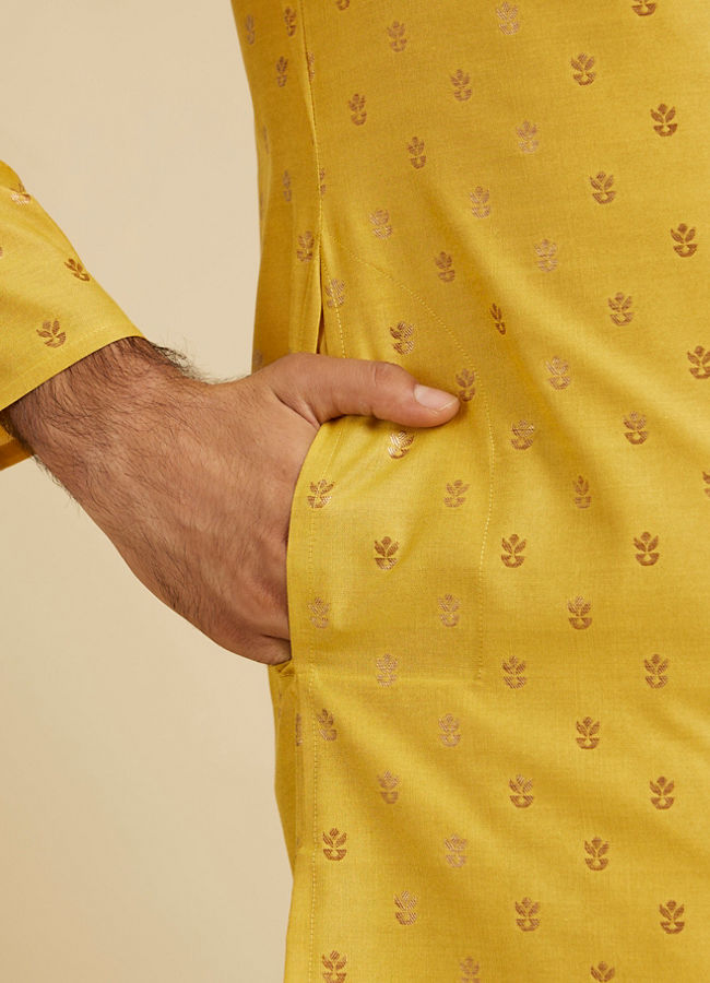 Manyavar Men Mustard Yellow Floral Buta Patterned Kurta Set