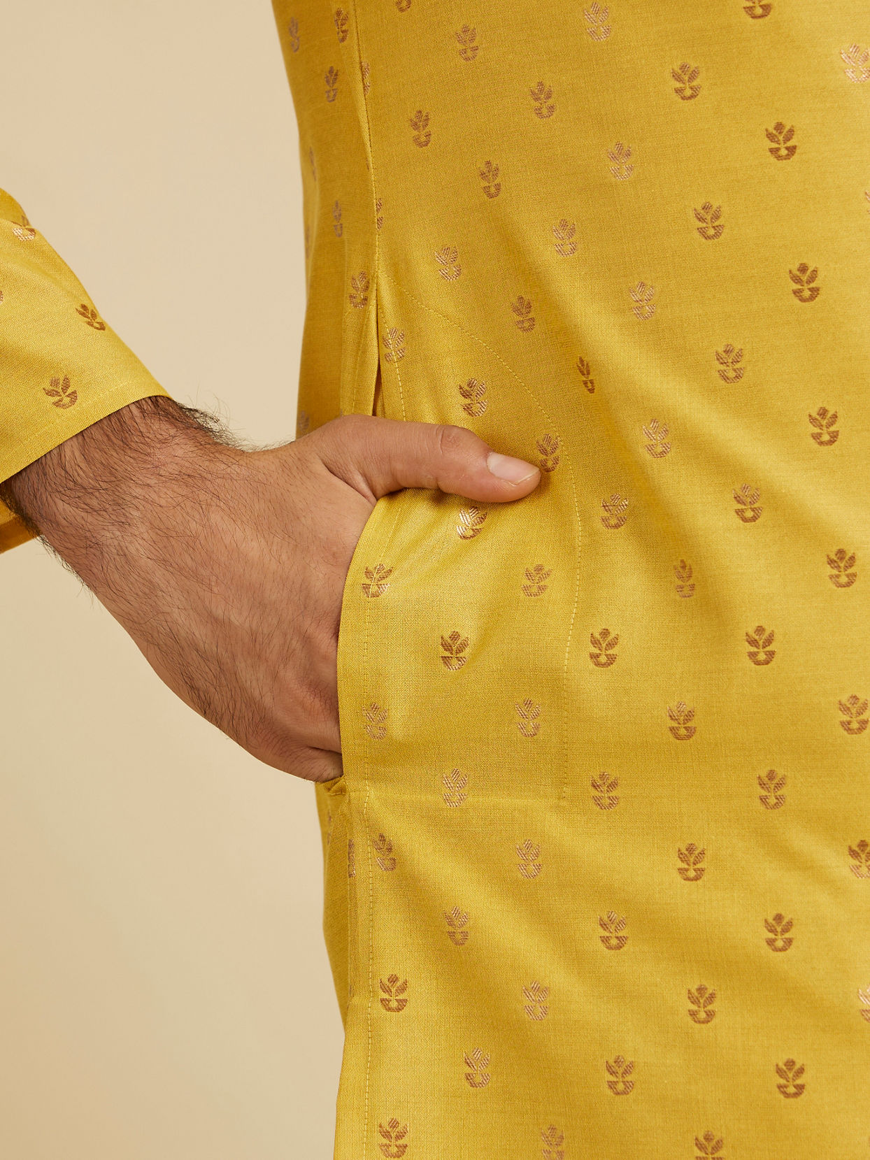 Manyavar Men Mustard Yellow Floral Buta Patterned Kurta Set