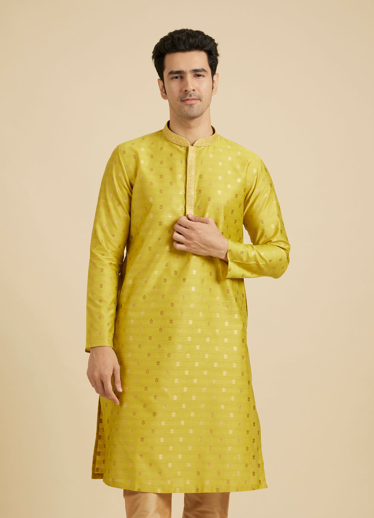 Manyavar Men Mehndi Green Kurta Set with Buta Motifs