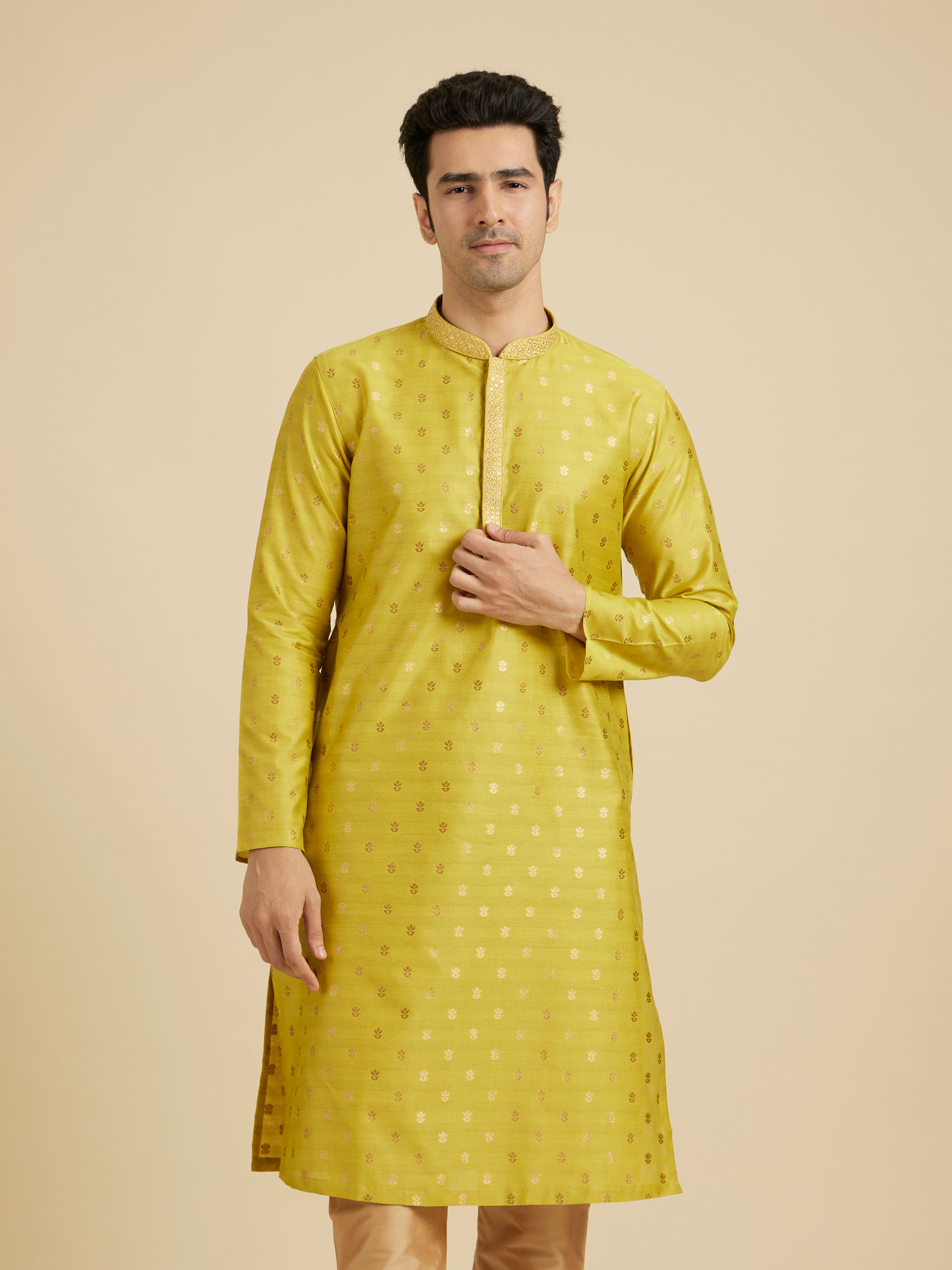 Manyavar Men Mehndi Green Kurta Set with Buta Motifs