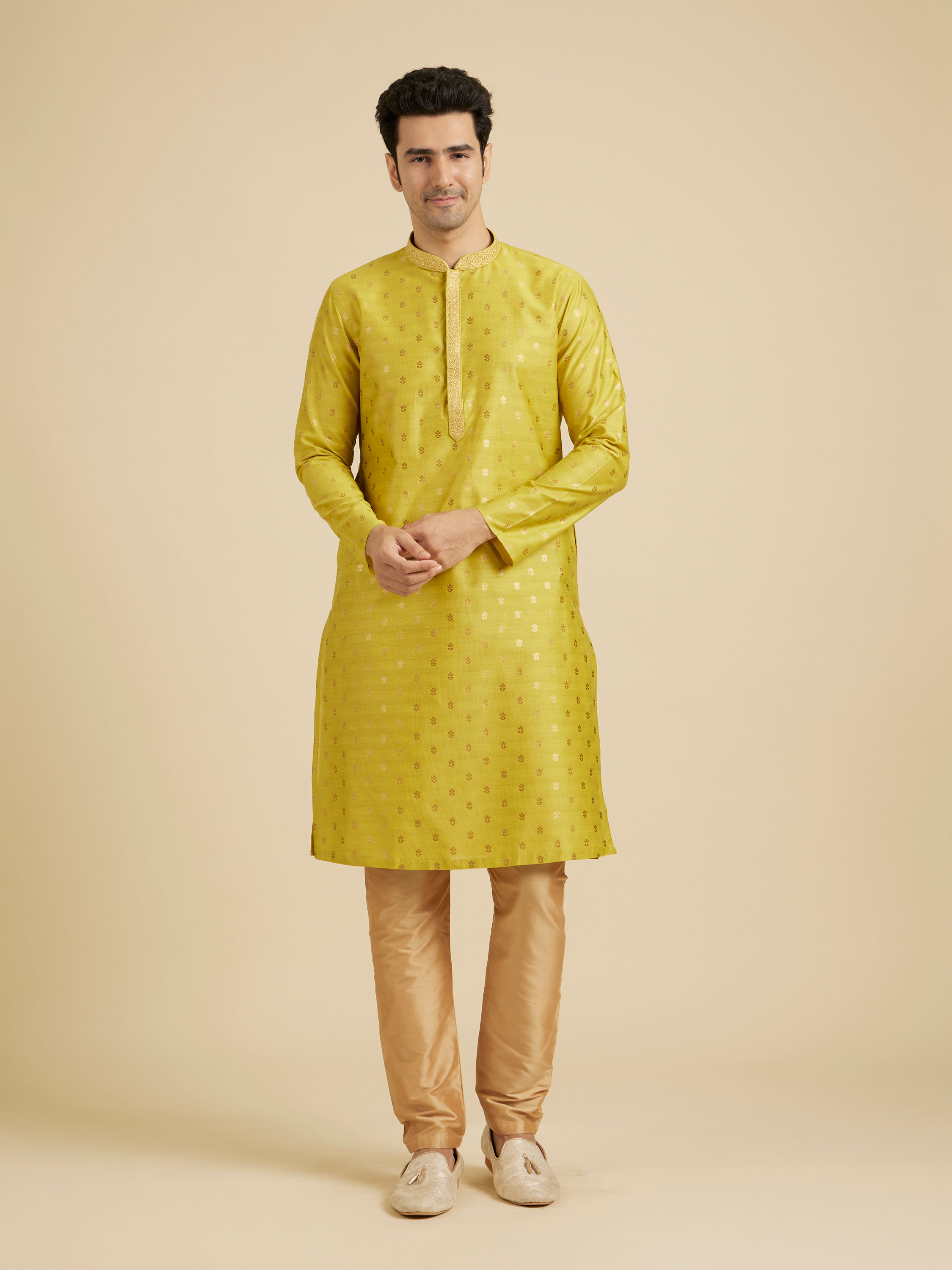 Manyavar Men Mehndi Green Kurta Set with Buta Motifs