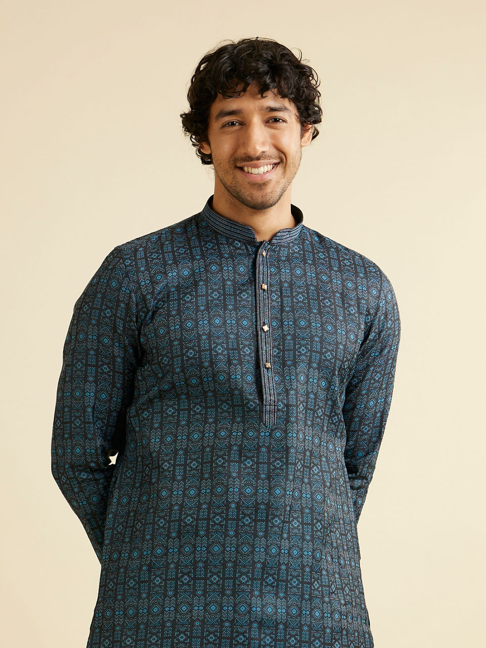Manyavar Men Dark Blue Aztec Printed Kurta Set