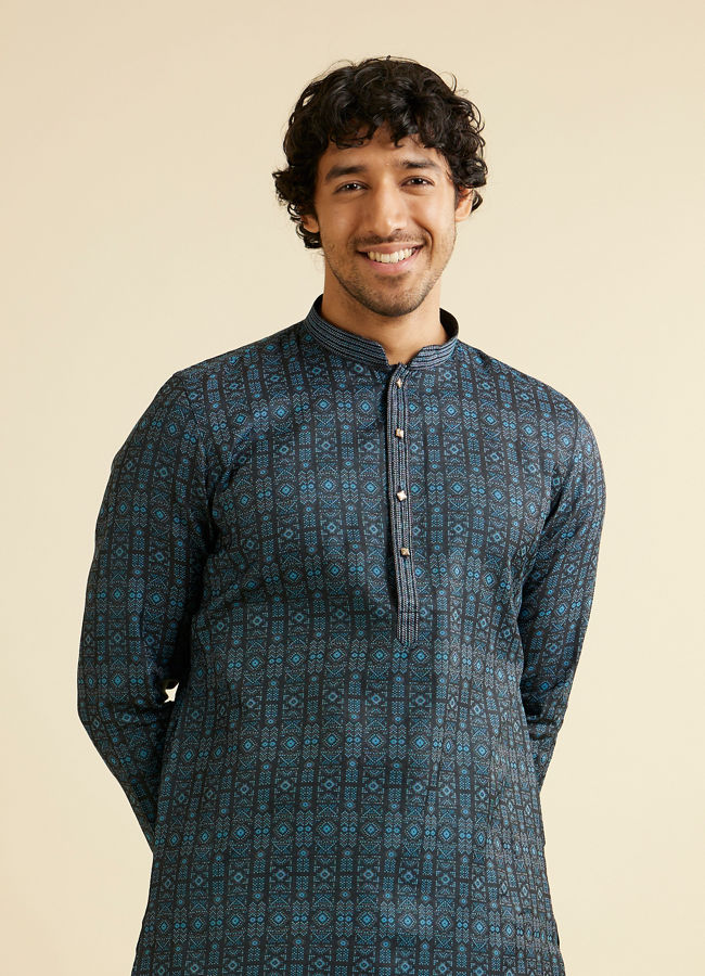 Manyavar Men Dark Blue Aztec Printed Kurta Set