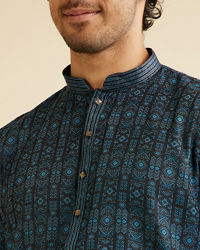Manyavar Men Dark Blue Aztec Printed Kurta Set