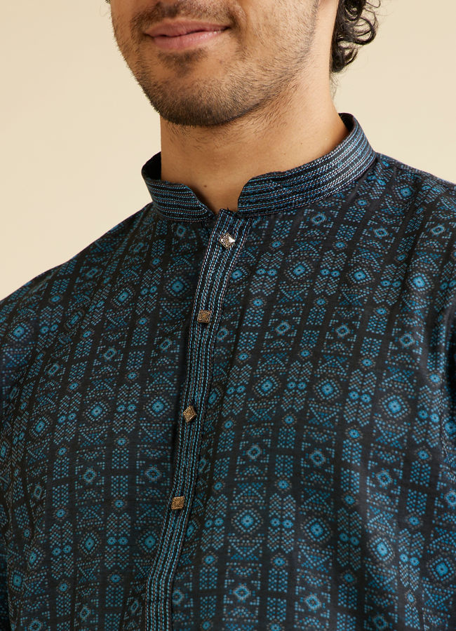 Manyavar Men Dark Blue Aztec Printed Kurta Set