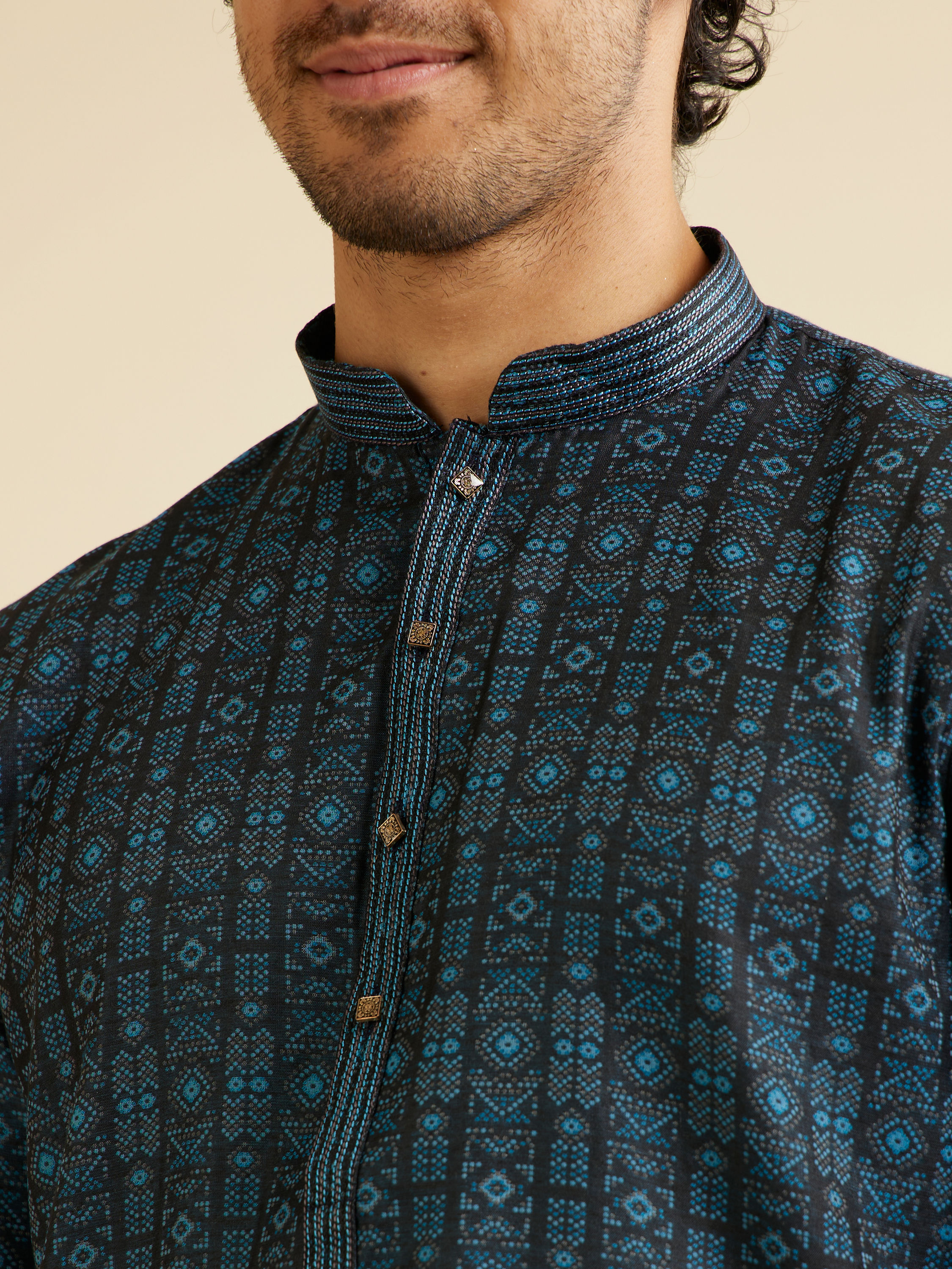 Manyavar Men Dark Blue Aztec Printed Kurta Set
