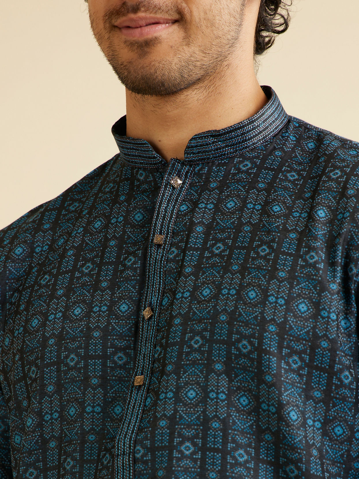 Manyavar Men Dark Blue Aztec Printed Kurta Set