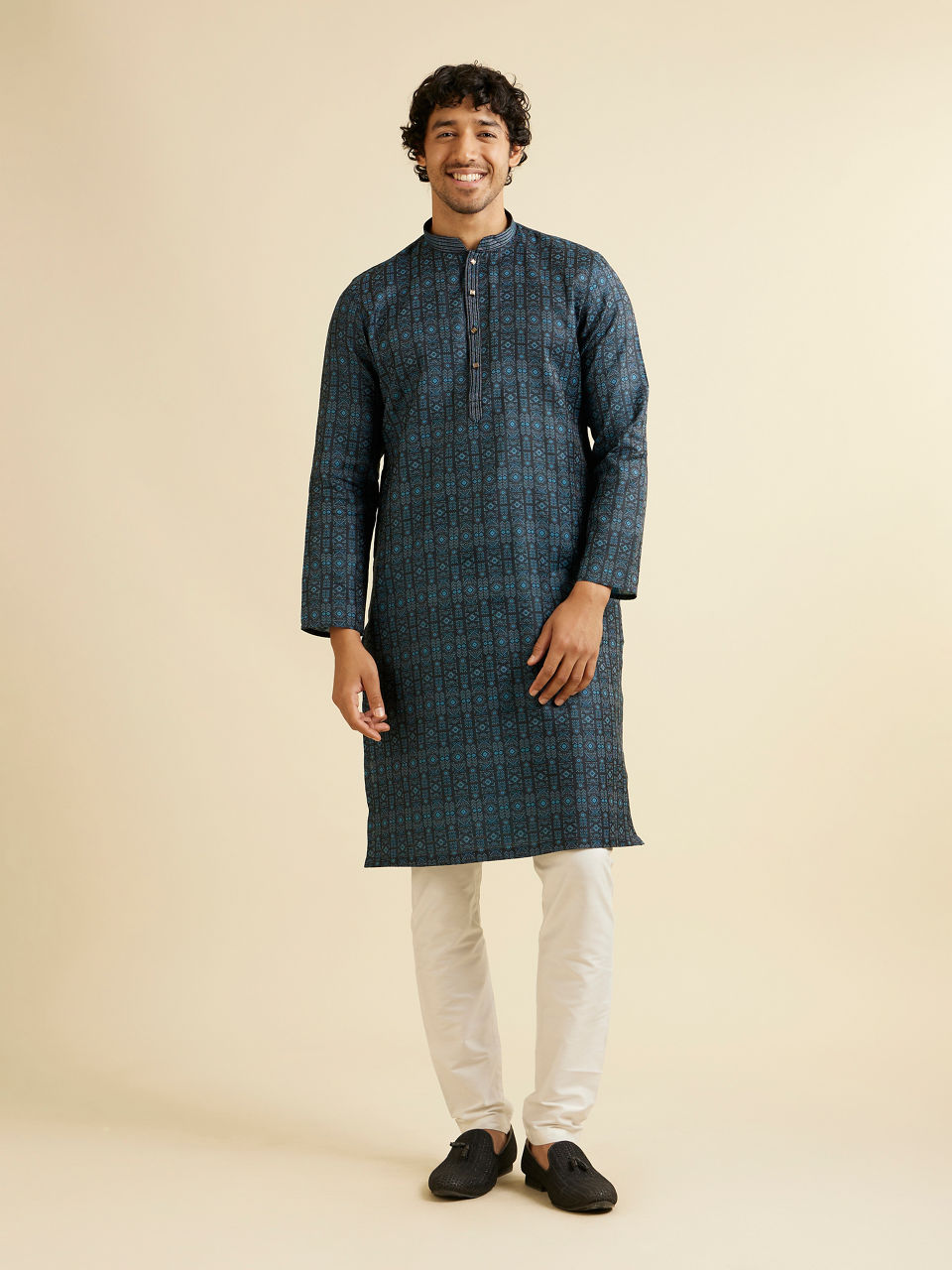 Manyavar Men Dark Blue Aztec Printed Kurta Set