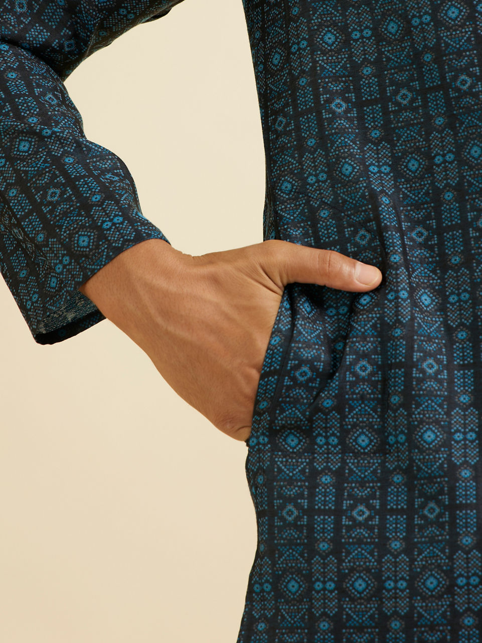 Manyavar Men Dark Blue Aztec Printed Kurta Set