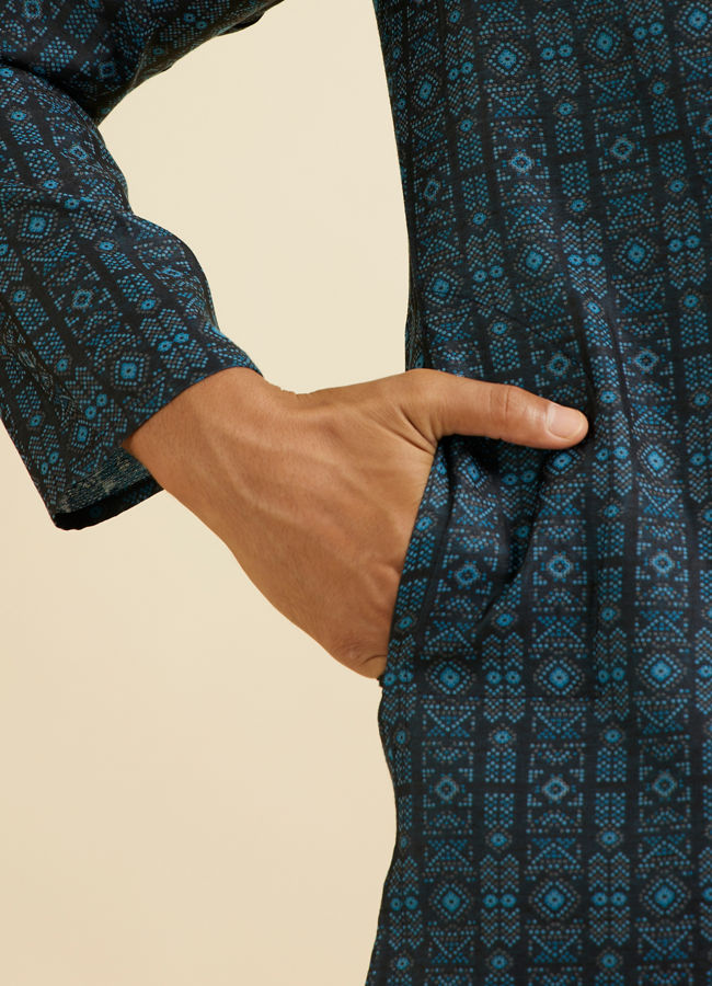 Manyavar Men Dark Blue Aztec Printed Kurta Set