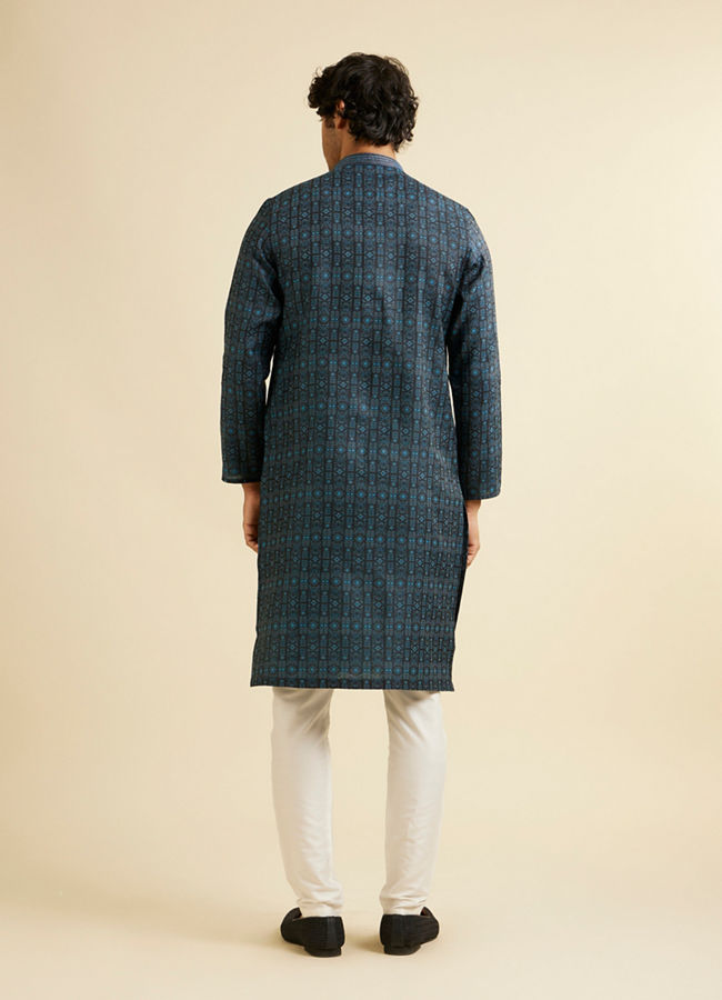 Manyavar Men Dark Blue Aztec Printed Kurta Set
