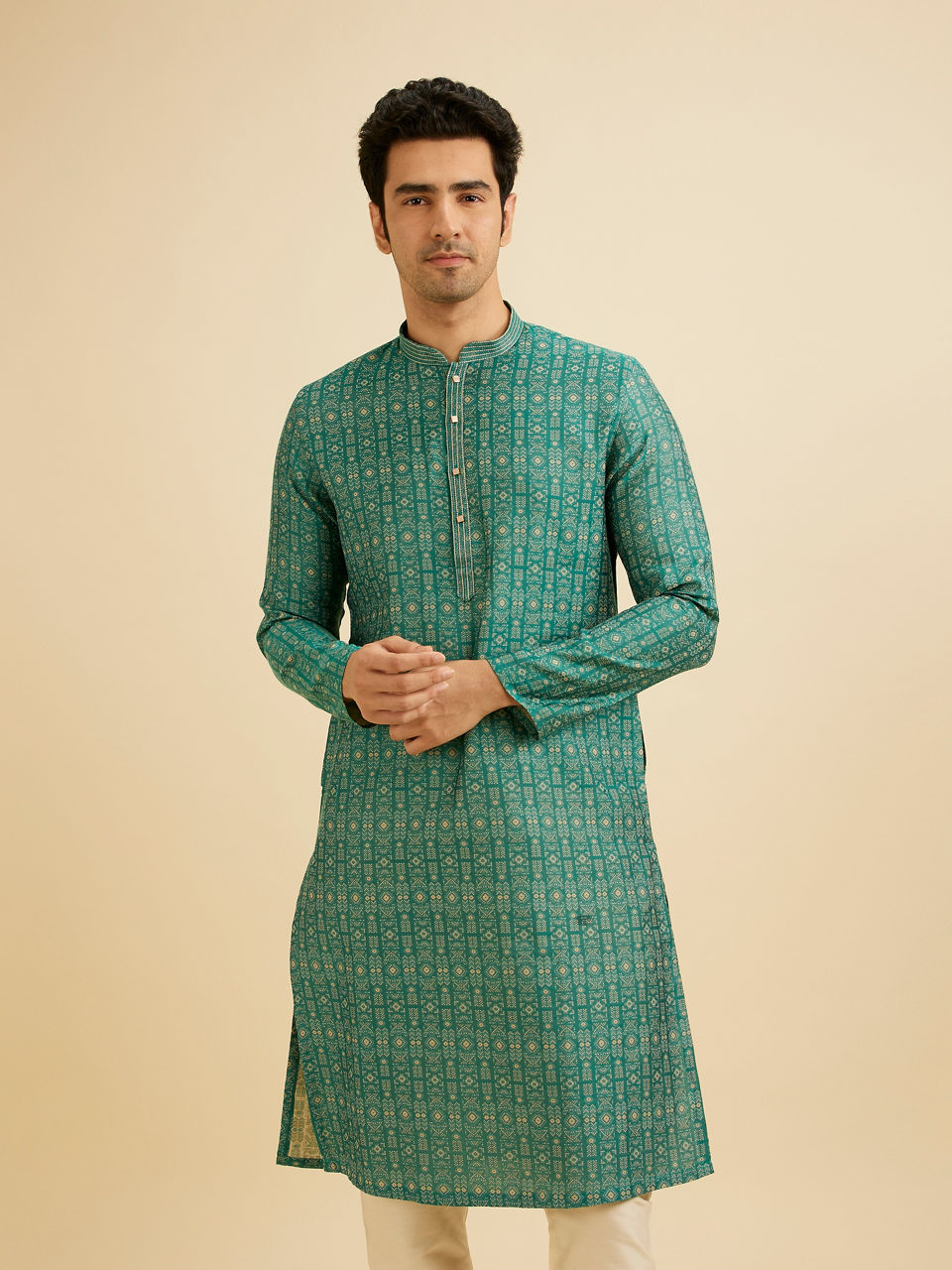Manyavar Men Teal Green Aztec Printed Kurta Set